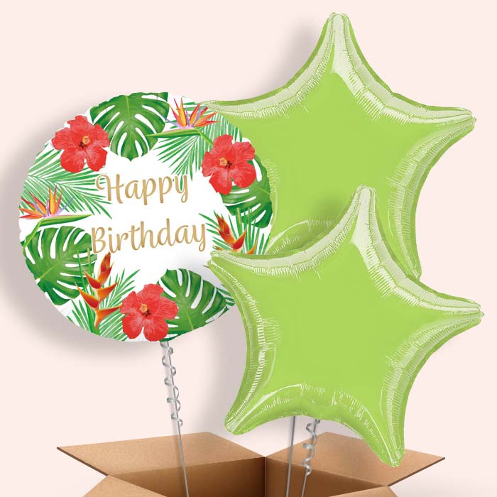 Tropical Flowers Happy Birthday 3 Balloon Cluster in a Box