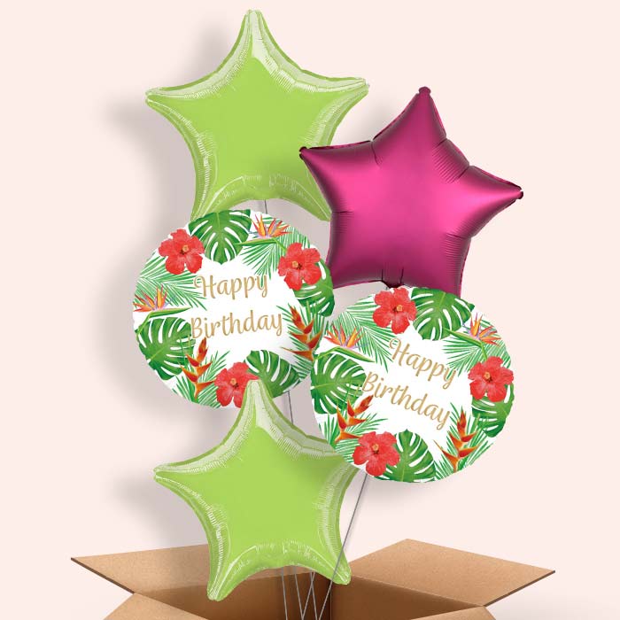 Tropical Flowers Happy Birthday 5 Balloon Bouquet in a Box