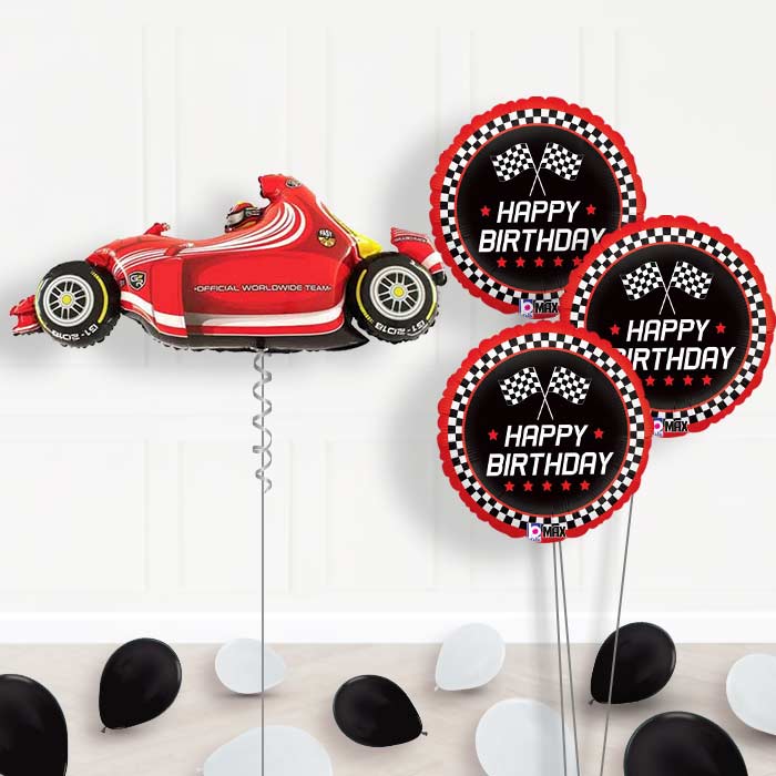 Racing Car Birthday Balloon Bouquet in a Box - Themed Bouquet and Latex | Small Indoor Plants