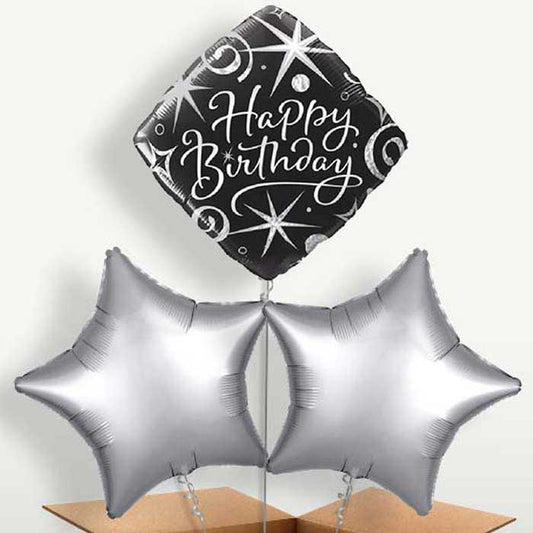 Black & Silver Happy Birthday Bunch of Balloons | Small Indoor Plants