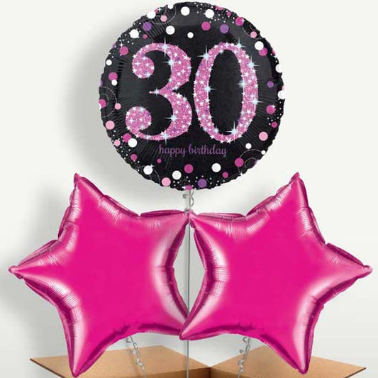 Pink 30th Birthday Balloon Bunch inflated with Helium | Small Indoor Plants