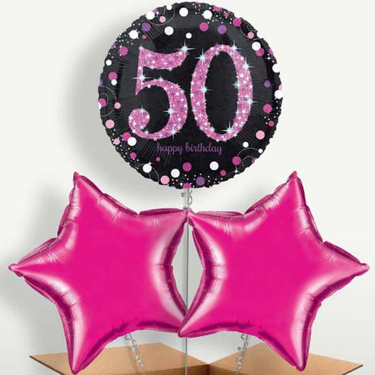 Pink 50th Birthday Balloon Bunch inflated with Helium | Small Indoor Plants