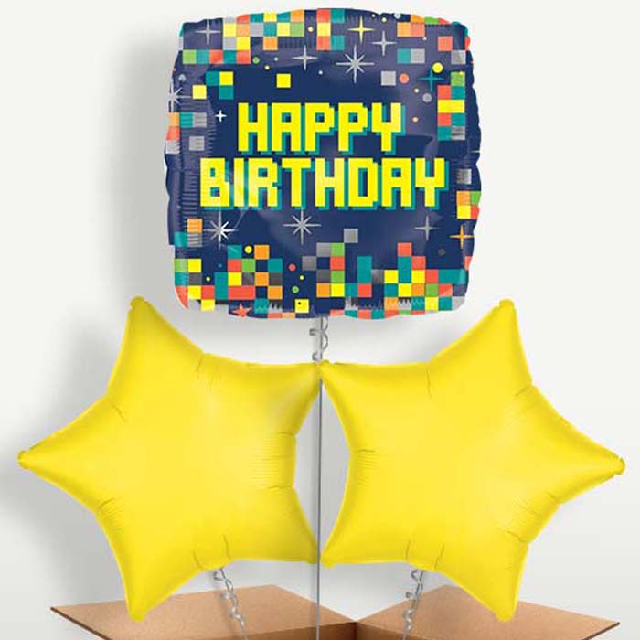 Pixel Happy Birthday Balloon Bunch inflated with Helium | Small Indoor Plants