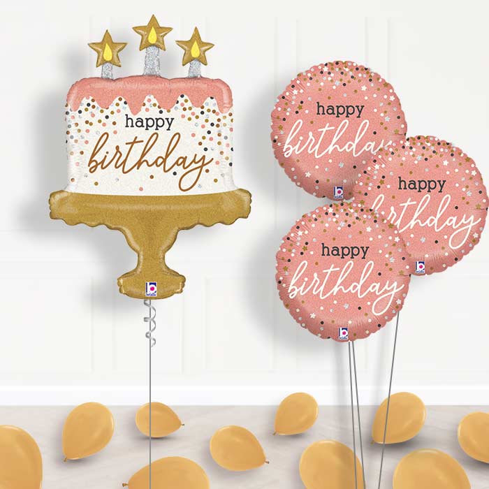Birthday Cake Helium Balloon Bouquet in a Box - Themed Bouquet and Latex | Small Indoor Plants