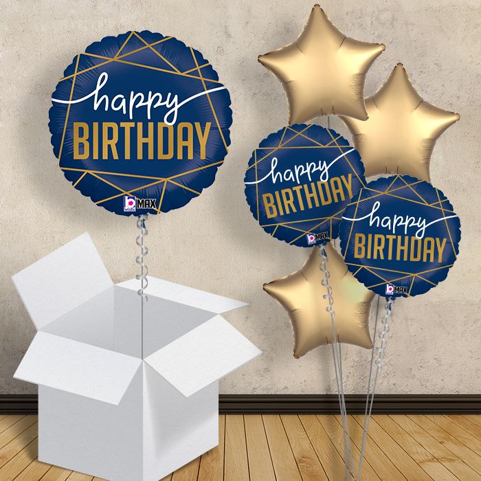 Blue and Gold Geometric Birthday Balloons in a Box - 1 Balloon | Small Indoor Plants