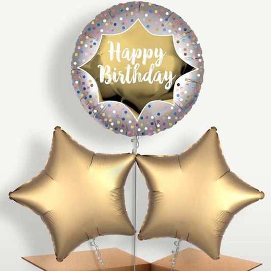 Happy Birthday Gold Balloons in a Bunch Inflated with Helium | Small Indoor Plants