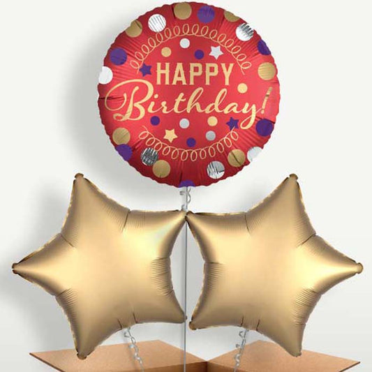 Red Satin Happy Birthday Trio Balloon Bunch | Small Indoor Plants