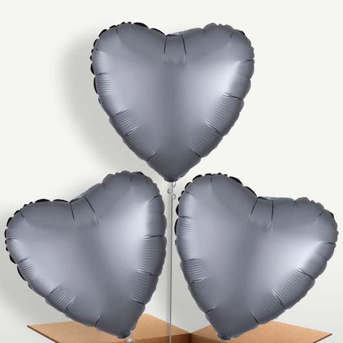 Graphite Grey Satin Heart Trio Balloon Bunch | Small Indoor Plants