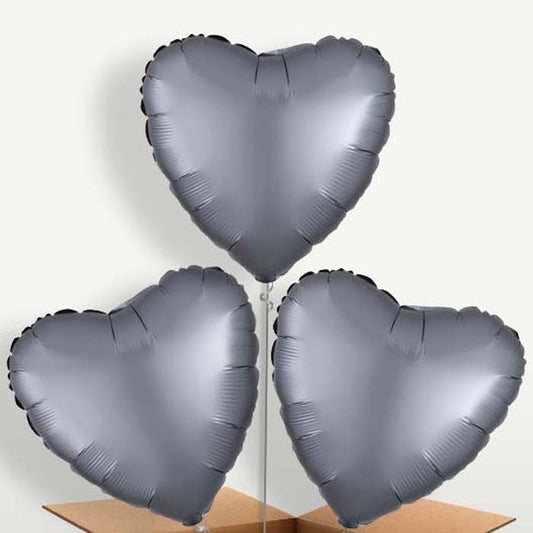 Graphite Grey Satin Heart Trio Balloon Bunch | Small Indoor Plants