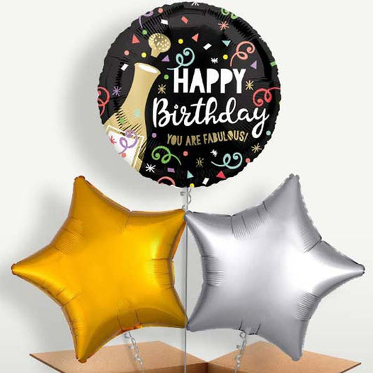 Gold Bubbly Birthday Trio Balloon Bunch inflated with Helium | Small Indoor Plants