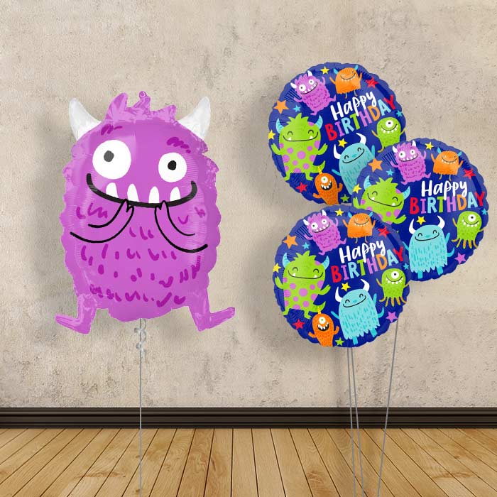 Purple Monster Balloon Bouquet Delivery - Themed Bouquet | Small Indoor Plants