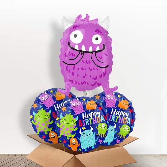 Purple Monster Foil Balloon in a Box - With 3 Themed Balloons | Small Indoor Plants