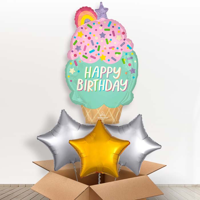 Giant Ice Cream Cone Foil Balloon in a Box - With 3 Plain Balloons | Small Indoor Plants