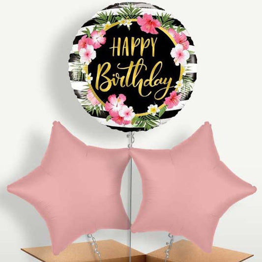 Floral Tropical Happy Birthday Trio Balloon Bunch | Small Indoor Plants