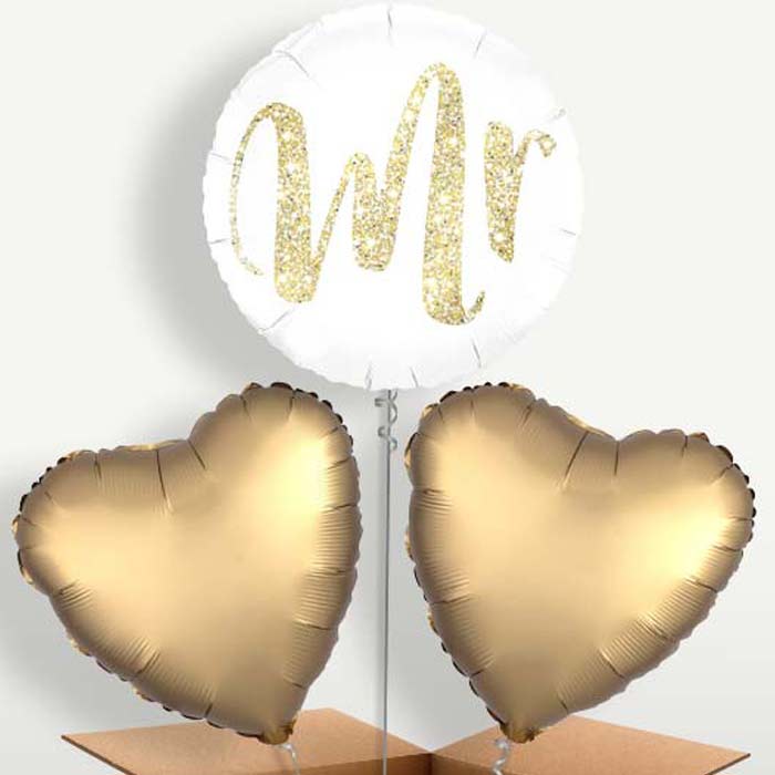 Gold & White Mr Wedding Trio Balloon Bunch | Small Indoor Plants