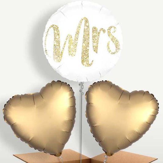 Gold & White Mrs Wedding Trio Balloon Bunch | Small Indoor Plants