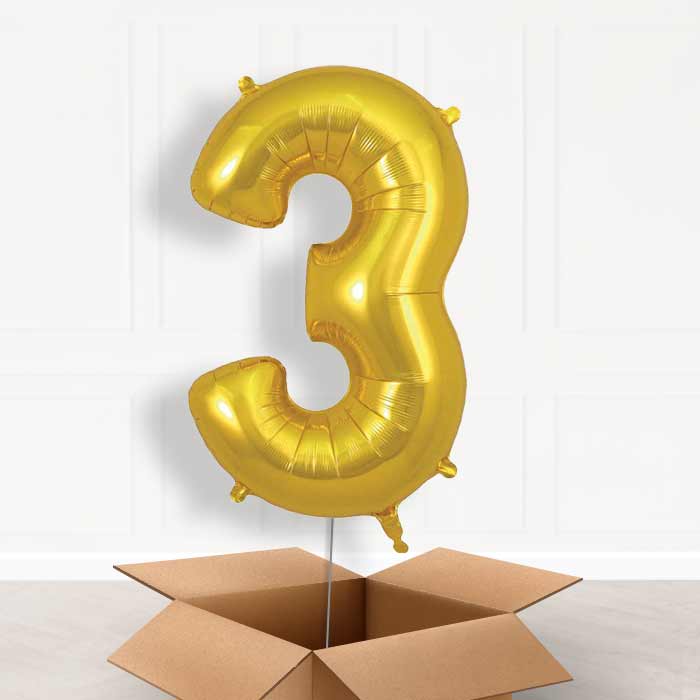 Gold Number 3 Balloon in a Box