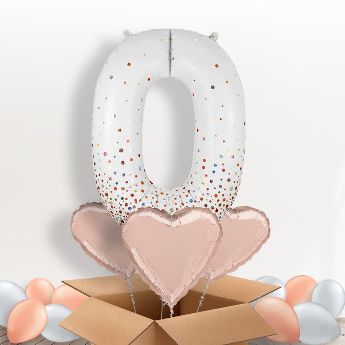 Rose Gold and White Number 0 Balloon in a Box