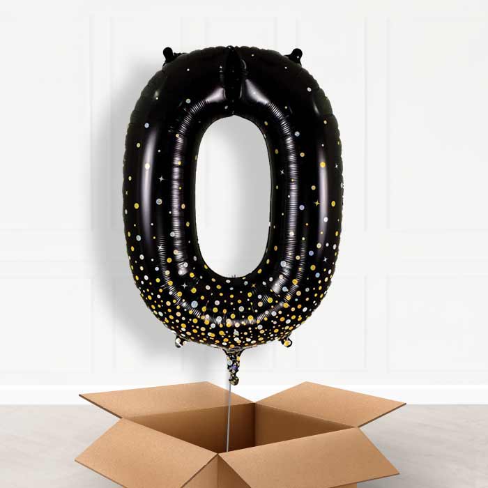 Black and Gold Number 0 Balloon in a Box