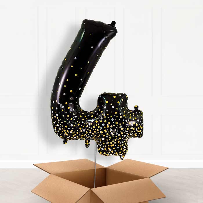 Black and Gold Number 4 Balloon in a Box