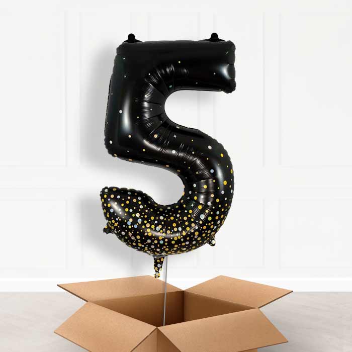 Black and Gold Number 5 Balloon in a Box