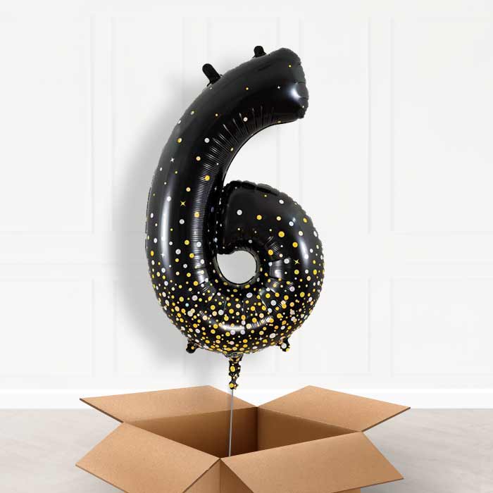 Black and Gold Number 6 Balloon in a Box