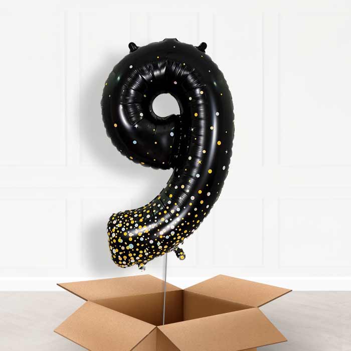 Black and Gold Number 9 Balloon in a Box