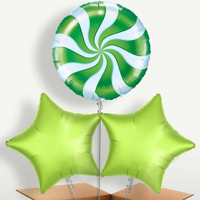 Green Candy Swirl Trio Balloon Bunch inflated with Helium | Small Indoor Plants