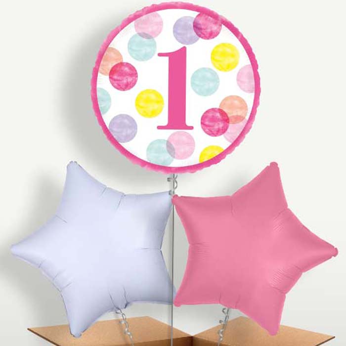 Pink Dots 1st Birthday Balloon Bunch inflated with Helium | Small Indoor Plants