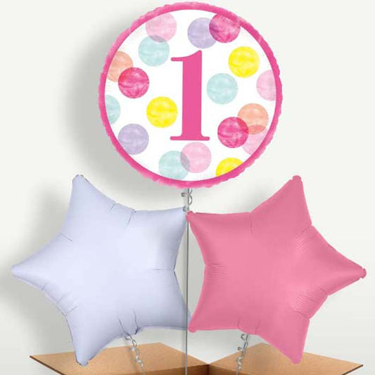 Pink Dots 1st Birthday Balloon Bunch inflated with Helium | Small Indoor Plants