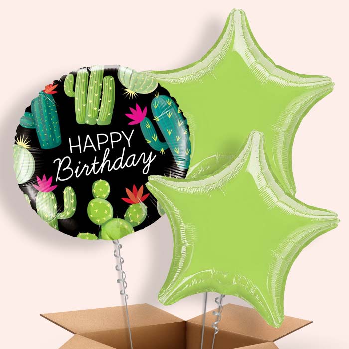 Black Cactus Happy Birthday 3 Balloon Bouquet in a Box