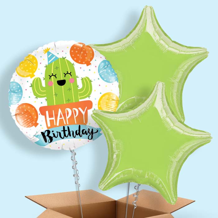 White Cactus Happy Birthday 3 Balloon Bouquet in a Box