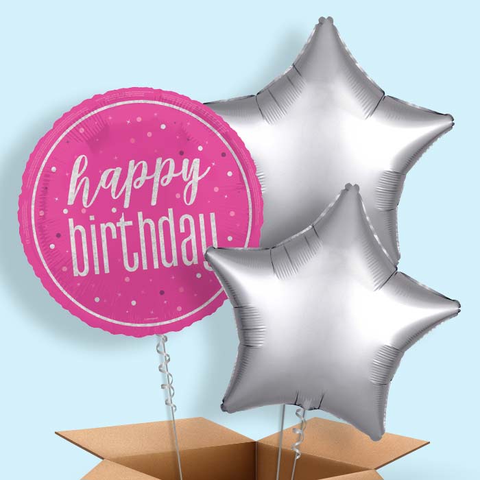 Hot Pink and Silver Happy Birthday Foil Balloon in a Box - 3 Balloon | Small Indoor Plants