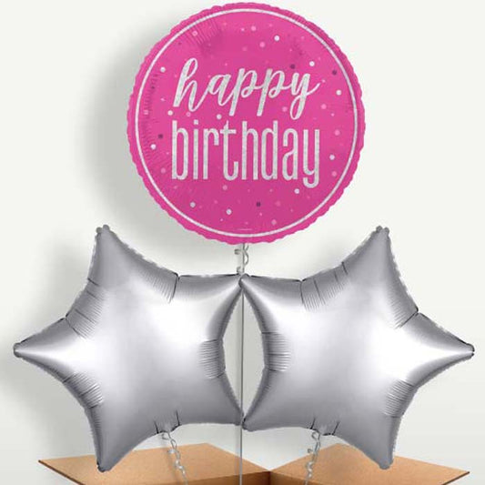 Hot Pink & Silver Happy Birthday Balloons in a Bunch | Small Indoor Plants