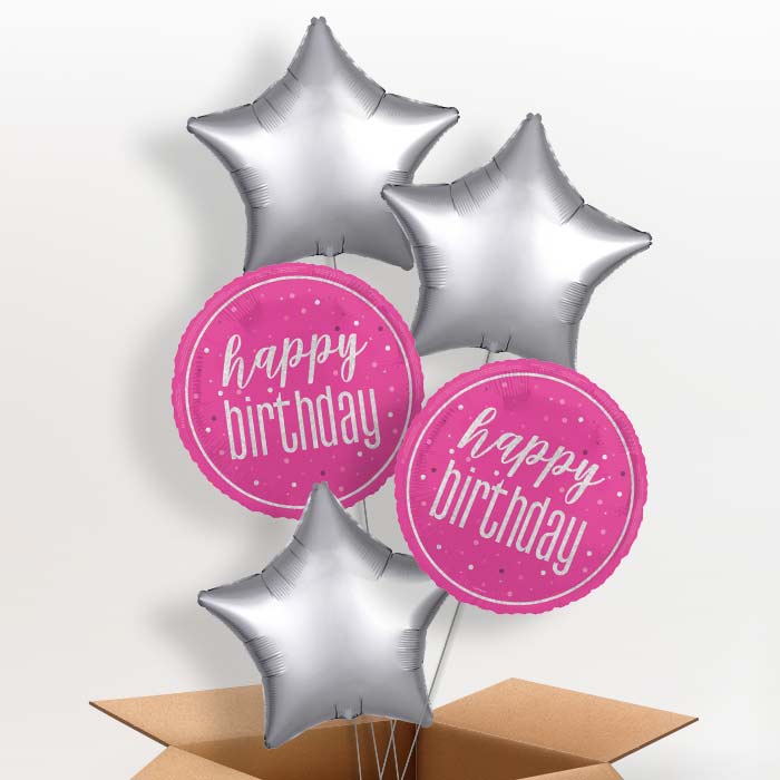 Hot Pink and Silver Happy Birthday Foil Balloon in a Box - 5 Balloon | Small Indoor Plants