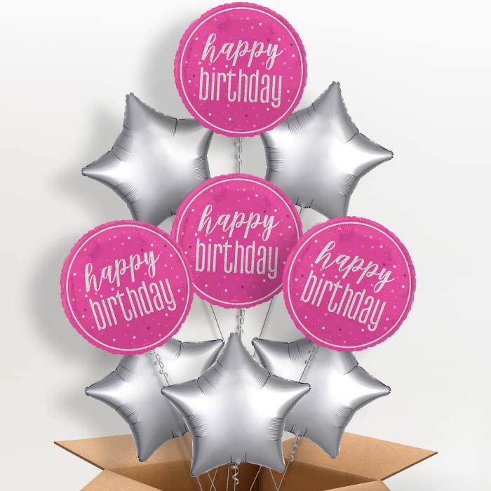 Hot Pink and Silver Happy Birthday Foil Balloon in a Box