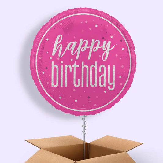 Hot Pink and Silver Happy Birthday Foil Balloon in a Box