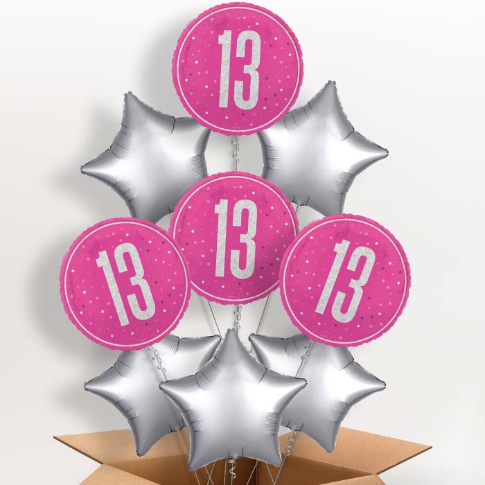 Hot Pink and Silver 13th Birthday Foil Balloon in a Box