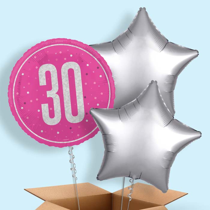 Hot Pink and Silver 30th Birthday Foil Balloon in a Box - 3 Balloon | Small Indoor Plants
