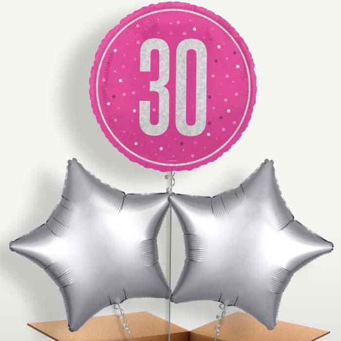 Hot Pink & Silver 30th Birthday Balloons in a Bunch | Small Indoor Plants