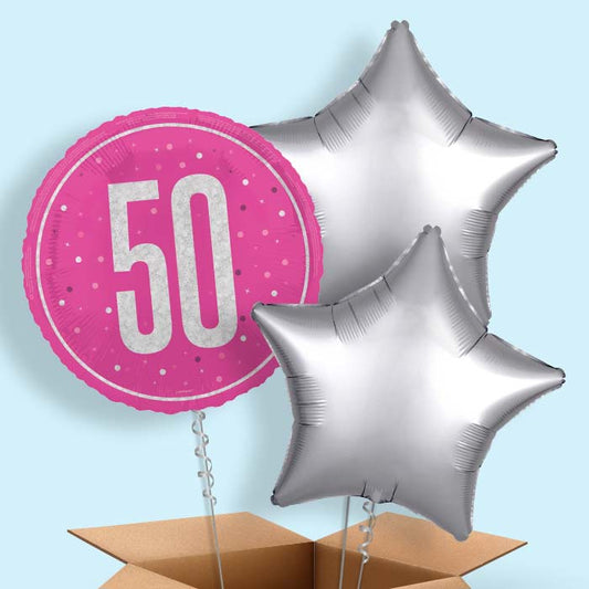 Hot Pink and Silver 50th Birthday Foil Balloon in a Box - 3 Balloon | Small Indoor Plants