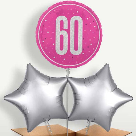 Hot Pink & Silver 60th Birthday Balloons in a Bunch | Small Indoor Plants