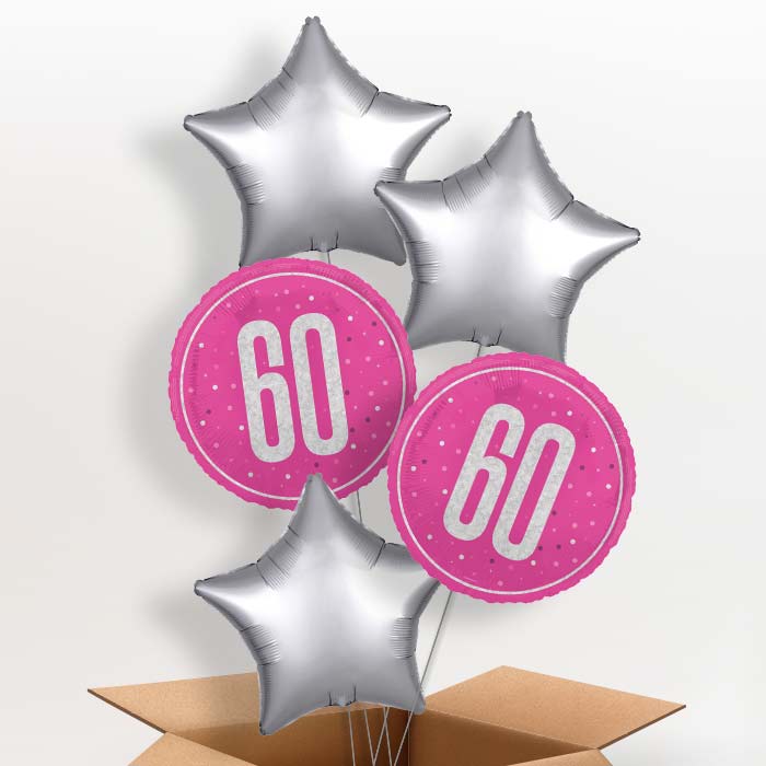 Hot Pink and Silver 60th Birthday Foil Balloon in a Box - 5 Balloon | Small Indoor Plants