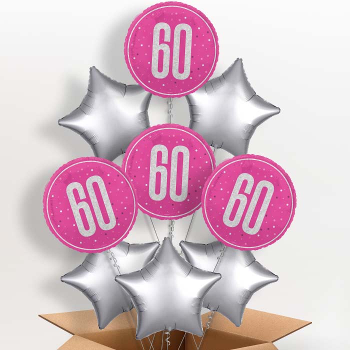 Hot Pink and Silver 60th Birthday Foil Balloon in a Box