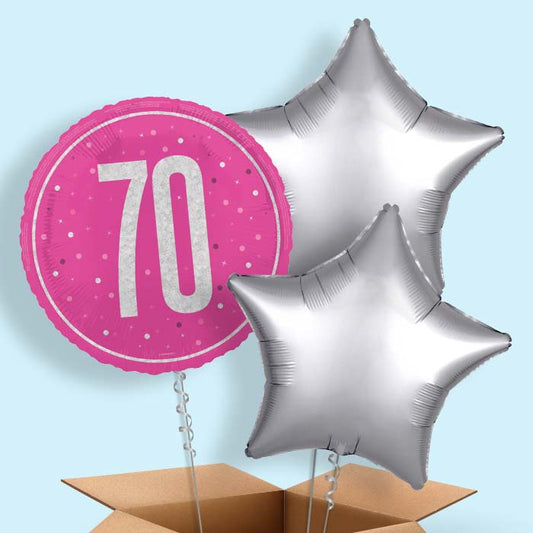 Hot Pink and Silver 70th Birthday Foil Balloon in a Box - 3 Balloon | Small Indoor Plants