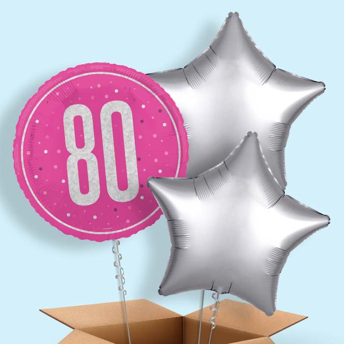 Hot Pink and Silver 80th Birthday Foil Balloon in a Box - 3 Balloon | Small Indoor Plants
