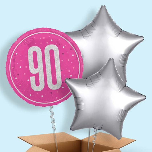 Hot Pink and Silver 90th Birthday Foil Balloon in a Box - 3 Balloon | Small Indoor Plants
