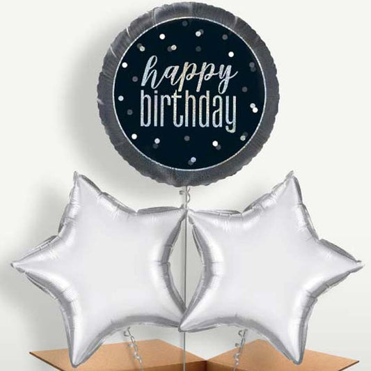 Black & Silver Holographic Happy Birthday Bunch of Balloons | Small Indoor Plants