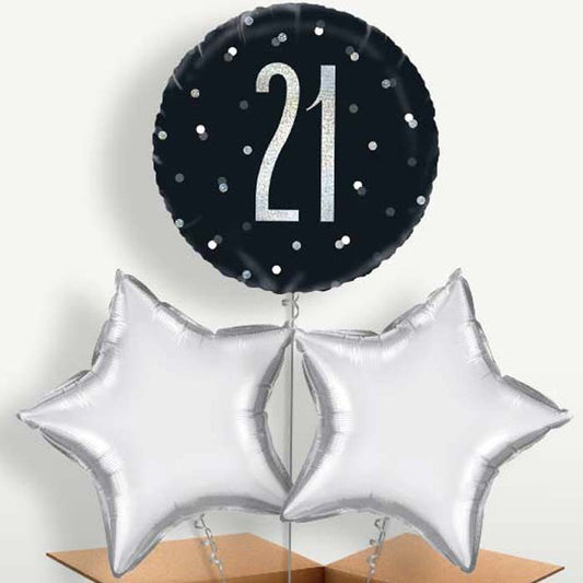 21st Black Silver Bunch of Balloons inflated with Helium | Small Indoor Plants
