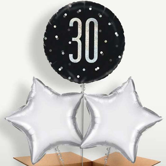 Black Silver 30th Bunch of Balloons inflated with Helium | Small Indoor Plants
